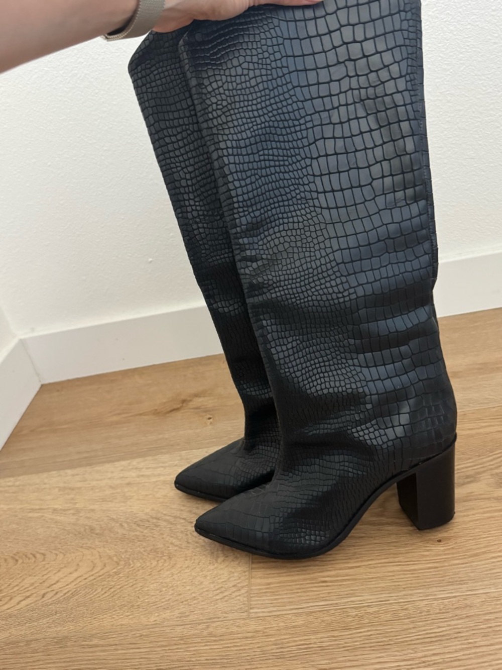 SCHUTZ Black Croc-Embossed Over-the-Knee Block Heel Boots